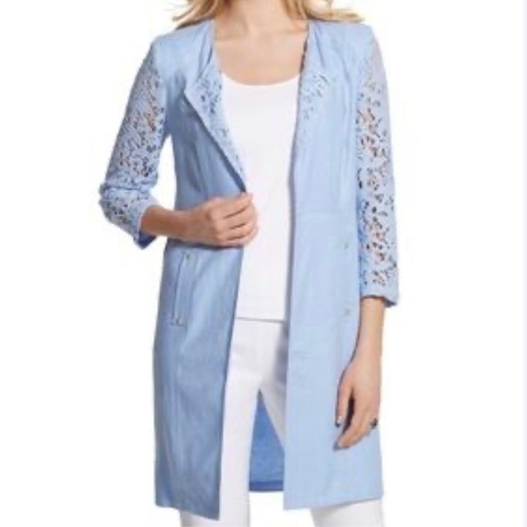 CHICO'S Cardigan Duster Lace details Light blue 2 side pockets Size 12 Like new - Picture 4 of 10